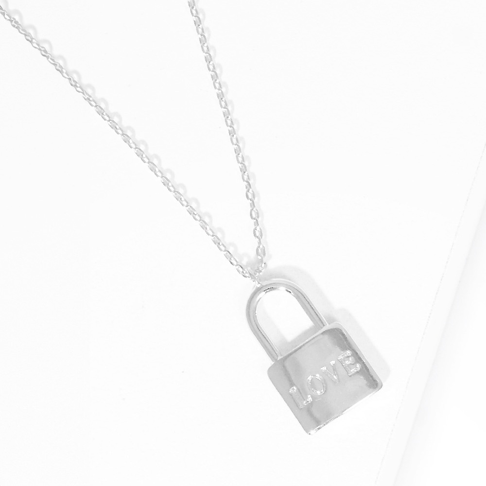 LOVE White Gold Dipped Metal Lock Pendant Necklace